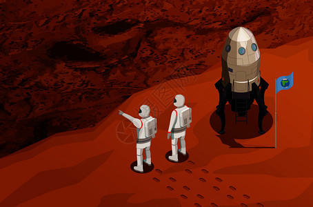 火星探索等距海报与两名宇航员太空飞船附近达红色行星矢量插图图片