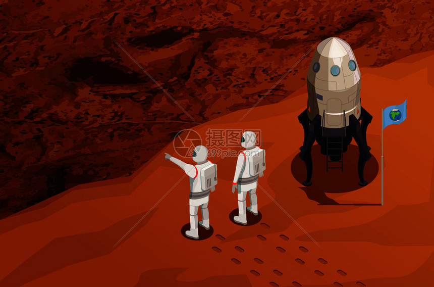 火星探索等距海报与两名宇航员太空飞船附近达红色行星矢量插图图片