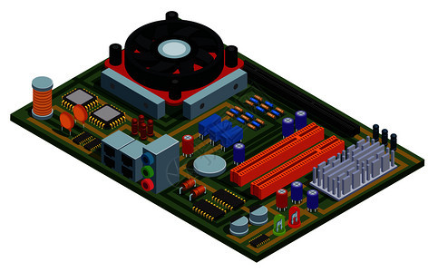 用半导体元件槽微芯片电容器极管晶体管的PC等距矢量图系统板背景图片