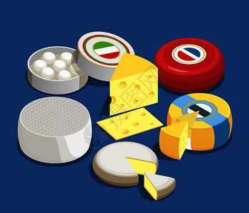 奶酪品种等距集的马扎雷拉,马斯丹布里其他种类的奶酪矢量插图图片