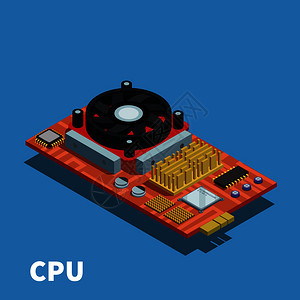 半导体等距海报演示印刷电路板与中央处理单元冷却系统矢量插图半导体等距海报图片