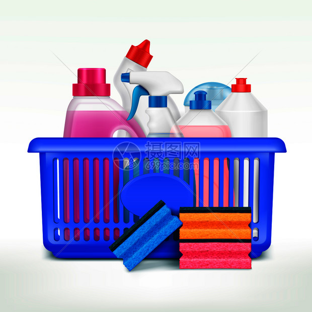 洗涤剂瓶篮子成与现实的图像塑料瓶的洗涤液体市场篮子矢量插图图片