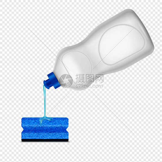 滴注洗涤剂海绵透明背景上的真实成分与白色塑料瓶的洗碗液矢量插图图片