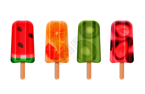 水果冰棒冰淇淋逼真的冷冻棒糖果图像空白背景矢量插图背景图片