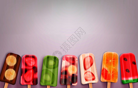 水果冰棒冰淇淋的真实背景与同口味风味矢量插图的冷冻糖果图像背景图片