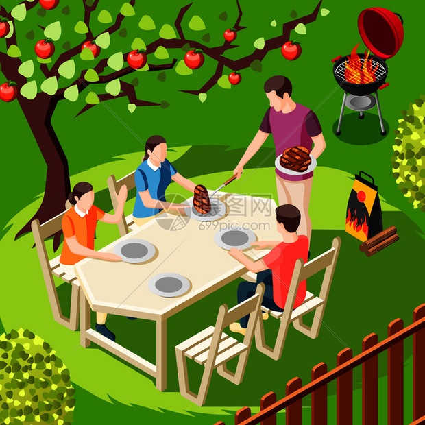 烧烤派等距背景与后院景观家庭成员人物坐桌子矢量插图家庭烧烤等距背景图片