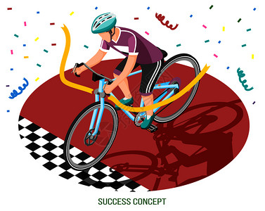 成功等距构图与人的格自行车骑手跨越终点线与可编辑的文本矢量插图胜利者骑手成功图片