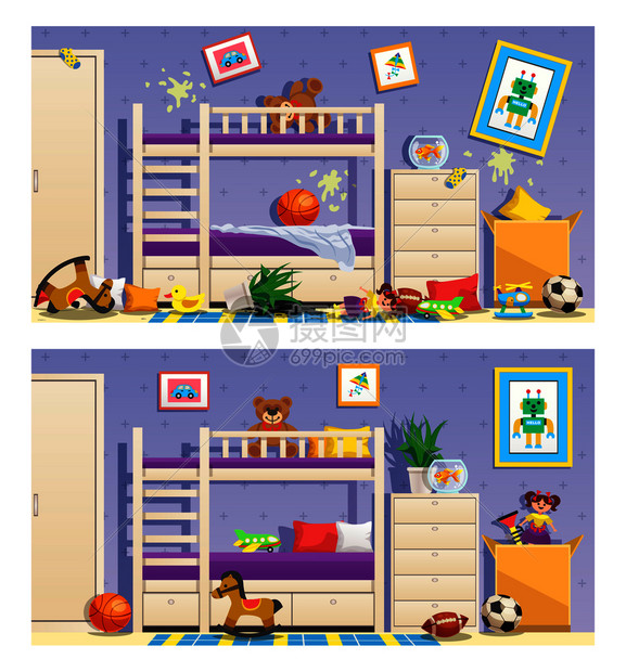 干净凌乱的儿童房套横幅与家具室内物品隔离矢量插图图片