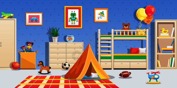 儿童房内部白色家具运动球帐篷彩色玩具水平平矢量插图图片
