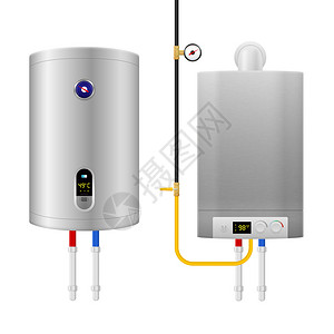 彩色真实热水器锅炉成与两个孤立同的设备管道矢量插图图片
