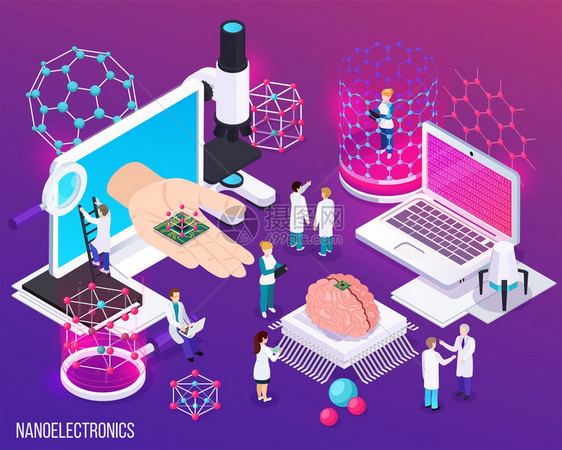 纳米电子学等距成与图标了科学成就的微生物学现代医学矢量插图图片