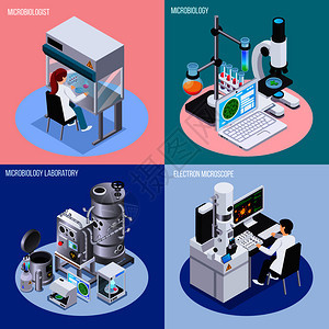 微生物学实验室2x2集的象为科学实验烧杯瓶等距矢量插图图片