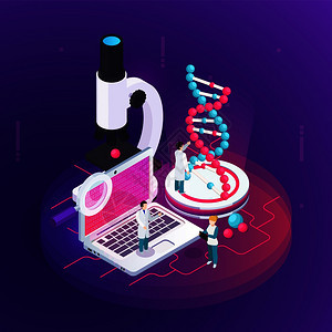 纳米技术等距说明显微镜笔记本与科学信息的屏幕大图像的DNA模型矢量插图图片