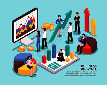 商业分析师与图表统计等距孤立向量插图商业分析师的图片