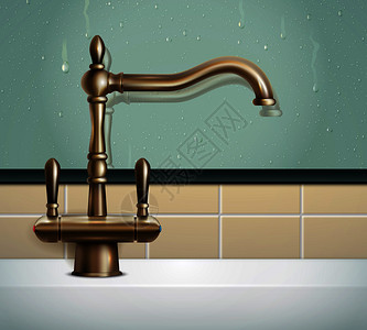 水龙头写实构图与浴室墙壁复古经典风格青铜水龙头图像矢量插图图片