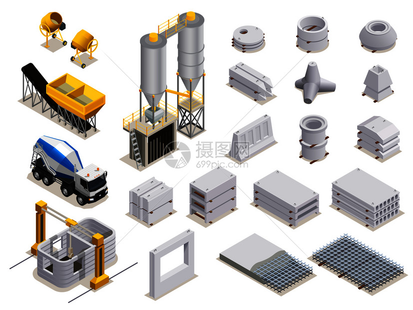 混凝土生产的等距图标与制造设备运输成品石材细节隔离矢量插图图片