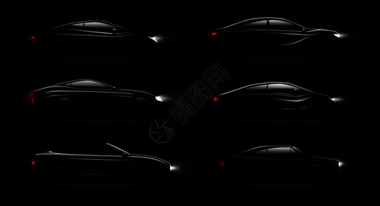 灯光汽车黑暗中,现实6黑色豪华汽车灯点燃与敞篷轿车掀背矢量插图背景图片