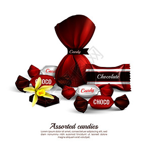 什锦巧克力糖果彩色箔包装与新鲜香草花现实广告构图刻字矢量插图图片