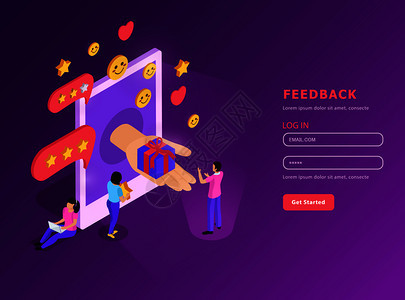 CRM系统反馈与移动设备等距成与用户帐户紫色背景矢量插图图片