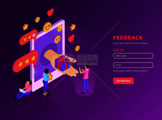 CRM系统反馈与移动设备等距成与用户帐户紫色背景矢量插图图片