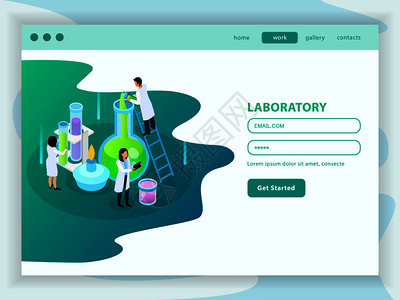 疫苗开发等距网页与菜单用户帐户图标的化学实验室矢量插图图片