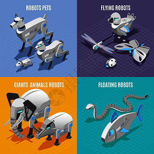 动物机器人4彩色背景等距图标正方形与自动宠物昆虫鱼蛇矢量插图图片