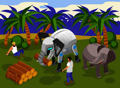 动物机器人工作中的等距成与巨型大象携带沉重的原木热带背景矢量插图图片