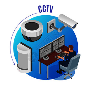 安全系统闭路电视摄像机运动传感器观察监测装置操作员等距成蓝色圆形背景矢量插图背景图片