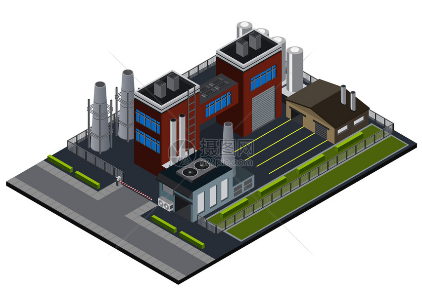 工厂基础设施等距背景与入口工业建筑烟囱车库围栏地区三维矢量插图图片