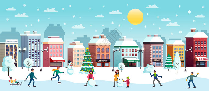 寒假城市雪景平横横幅与诞树雪人雪球战斗建筑矢量插图图片
