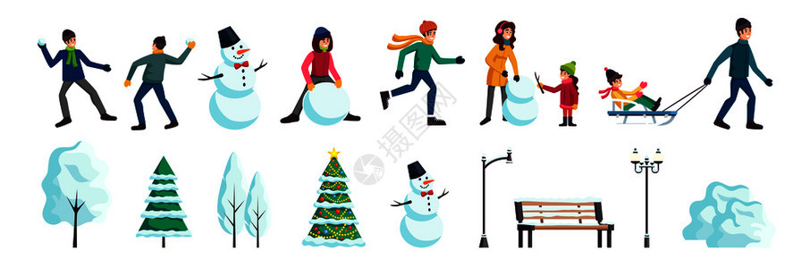 冬季城市平元素与人们滑冰雪球,战斗,家庭堆雪人诞树矢量插图图片