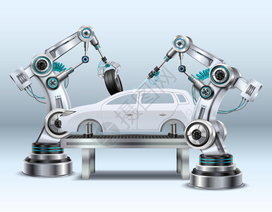 汽车装配线生产过程中的机器人手臂汽车工业中的真实构图特写图像矢量插图图片