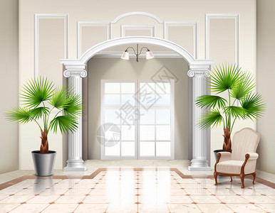 室内盆栽风扇棕榈树装饰盆栽经典宽敞的前庭室内现实矢量插图图片