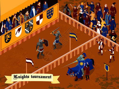 彩色等距中世纪构图与骑士锦标赛标题白色丝带矢量插图图片
