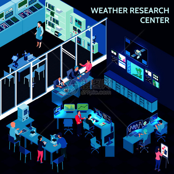 彩色等距气象天气中心成与办公室开放风格矢量插图图片