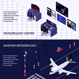 两个水平等距气象天气中心横幅气象中心航空气象描述矢量插图图片