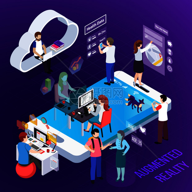 紫色背景矢量插图上人类与增强现实元素等距构图相互作用过程中的特征