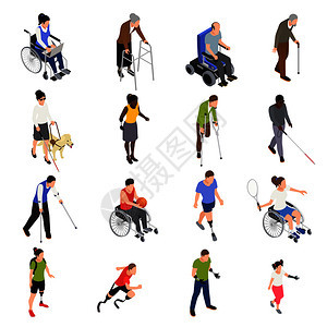 残疾人受伤者户外活动等距图标与运动肢体截肢者移动用轮椅矢量插图图片