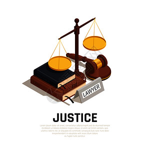 记者海报法律等距构图与槌法典书经尺度的正义符号矢量插图插画