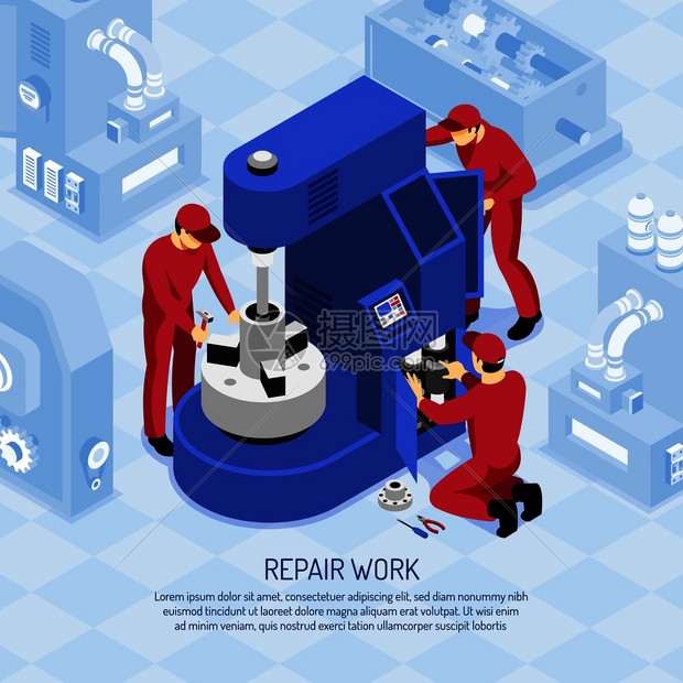 车间等距矢量插图的机床修理工作中穿着红色制服的力学人员