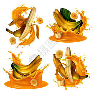 现实的香蕉汁飞溅四个图像香蕉水果漂浮黄色液体矢量插图图片