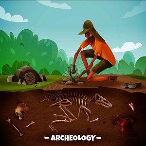 考古学背景与文字考古学家格考古发掘与龙骨骼户外景观矢量插图图片