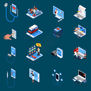 数字移动健康等距图标与线咨询互联网药房医疗设备蓝色背景孤立矢量插图图片