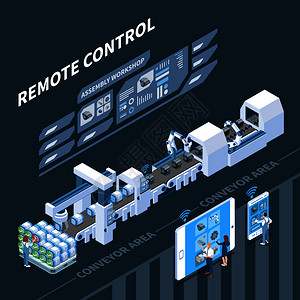 智能工业等距成与远程控制传送带系统黑暗背景矢量插图背景图片