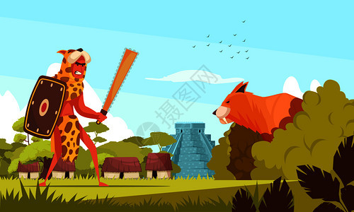 古代猎人背景与野生动物平矢量插图图片