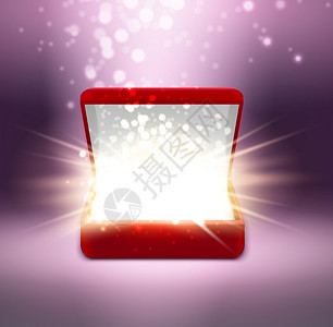 现实的红色打开珠宝盒,闪耀模糊的紫色背景矢量插图背景图片