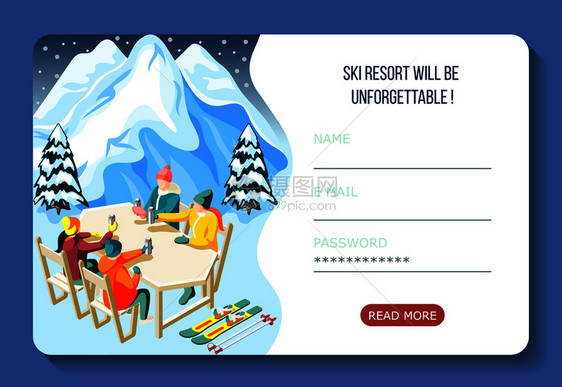 滑雪胜地等距着陆页与滑雪者饮用热饮料用户帐户界矢量插图图片