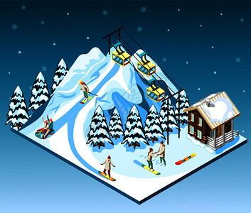 滑雪胜地等距构图游客山坡屋圆形蓝色背景与雪矢量插图图片