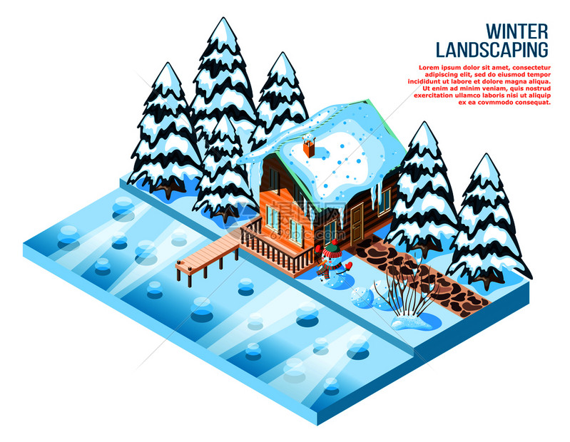冬季园林绿化等距构图与木屋雪花装饰附近的冷冻湖矢量插图图片