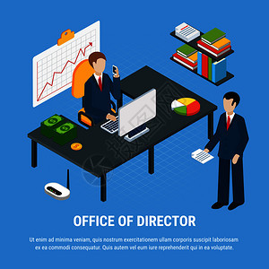 商务人员等距背景成与办公室内部元素图像与最高经理下属员工矢量插图总部业务背景图片
